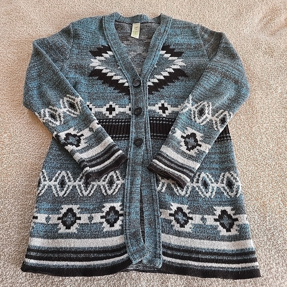 Green 3 Aztec Southwest Native Cardigan Sweater Turquoise Black Sz S USA Made
